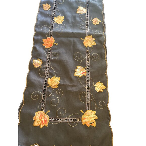 Embroidered Fall Table Runner & Gold Leaf Candle Holders Set - Picture 2 of 13